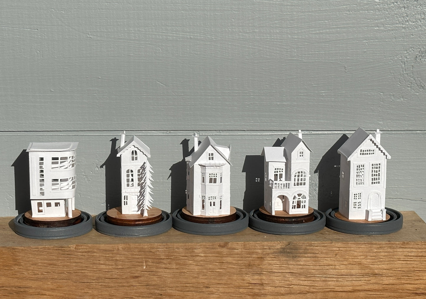 5 hand made miniature paper houses