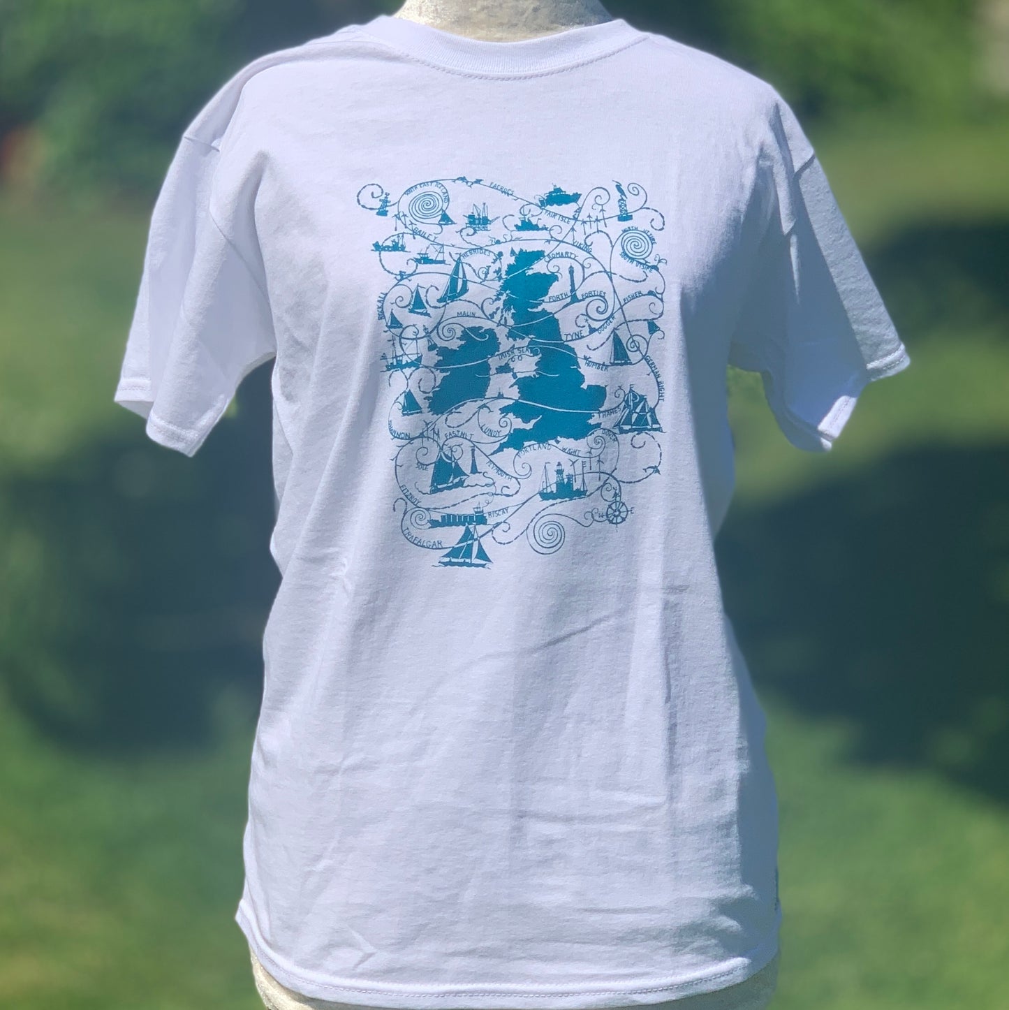 White T-shirt with turquoise blue design  UK map and shipping forecast names