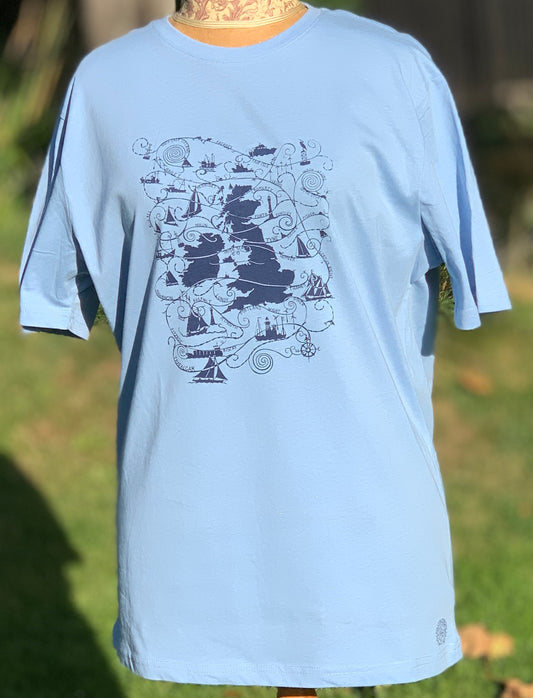 Pale blue T-shirt with turquoise blue design  UK map and shipping forecast names