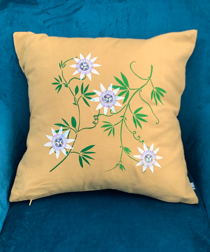 Passionflower Design Yellow Cushion Cover
