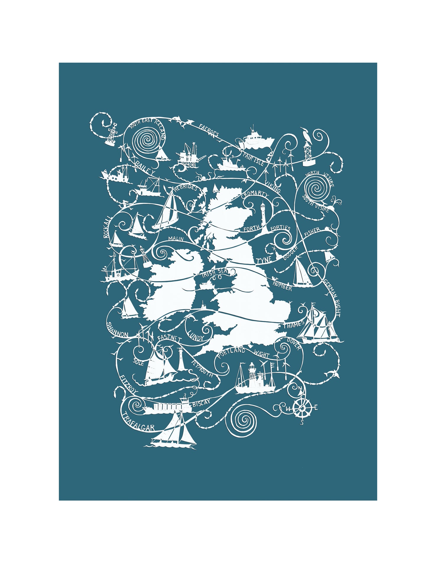 An image of a papercut  map of UK and shipping forecast names, white on a dark turquoise background.