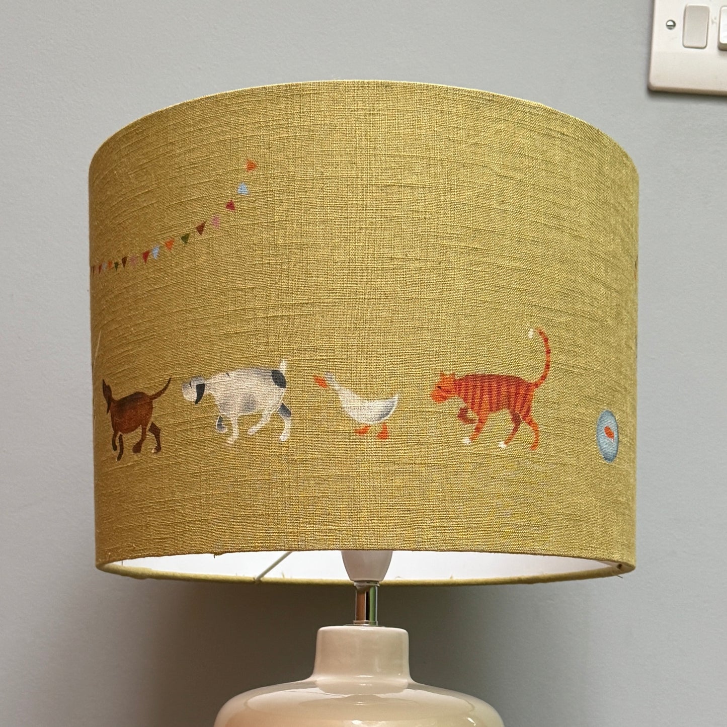 Doris and Friend's 30cm  Lampshade  handprinted on green Linen