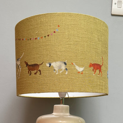Doris and Friend's 30cm  Lampshade  handprinted on green Linen