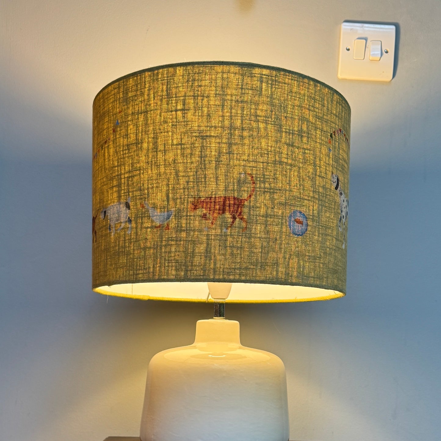 Doris and Friend's 30cm  Lampshade  handprinted on green Linen