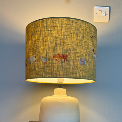 Doris and Friend's 30cm  Lampshade  handprinted on green Linen
