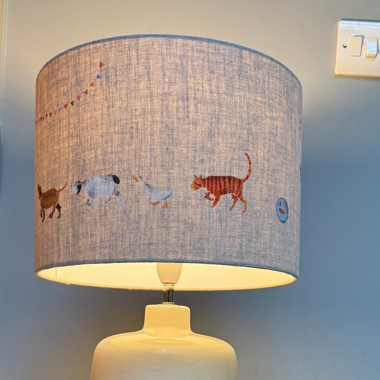 Doris and Friend's 30cm  Lampshade  handprinted on natural Linen