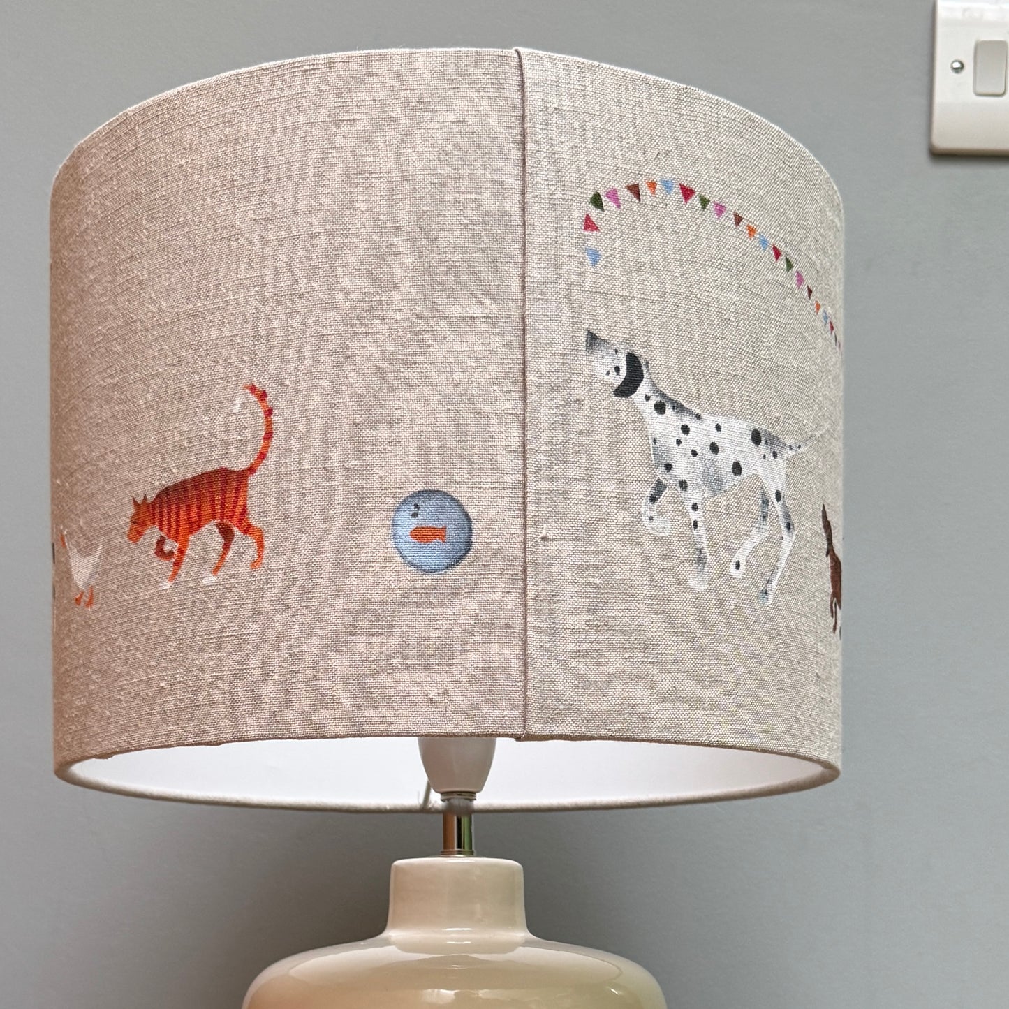 Doris and Friend's 30cm  Lampshade  handprinted on natural Linen