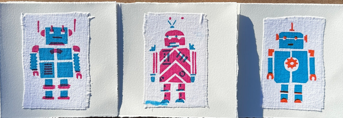 3 cards with different Robot prints in blue pink and orange. Pack A.