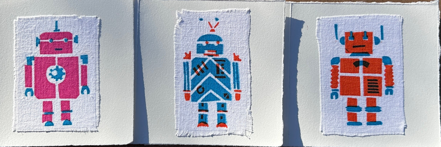 3 cards with different Robot prints in blue pink and orange. Pack B.