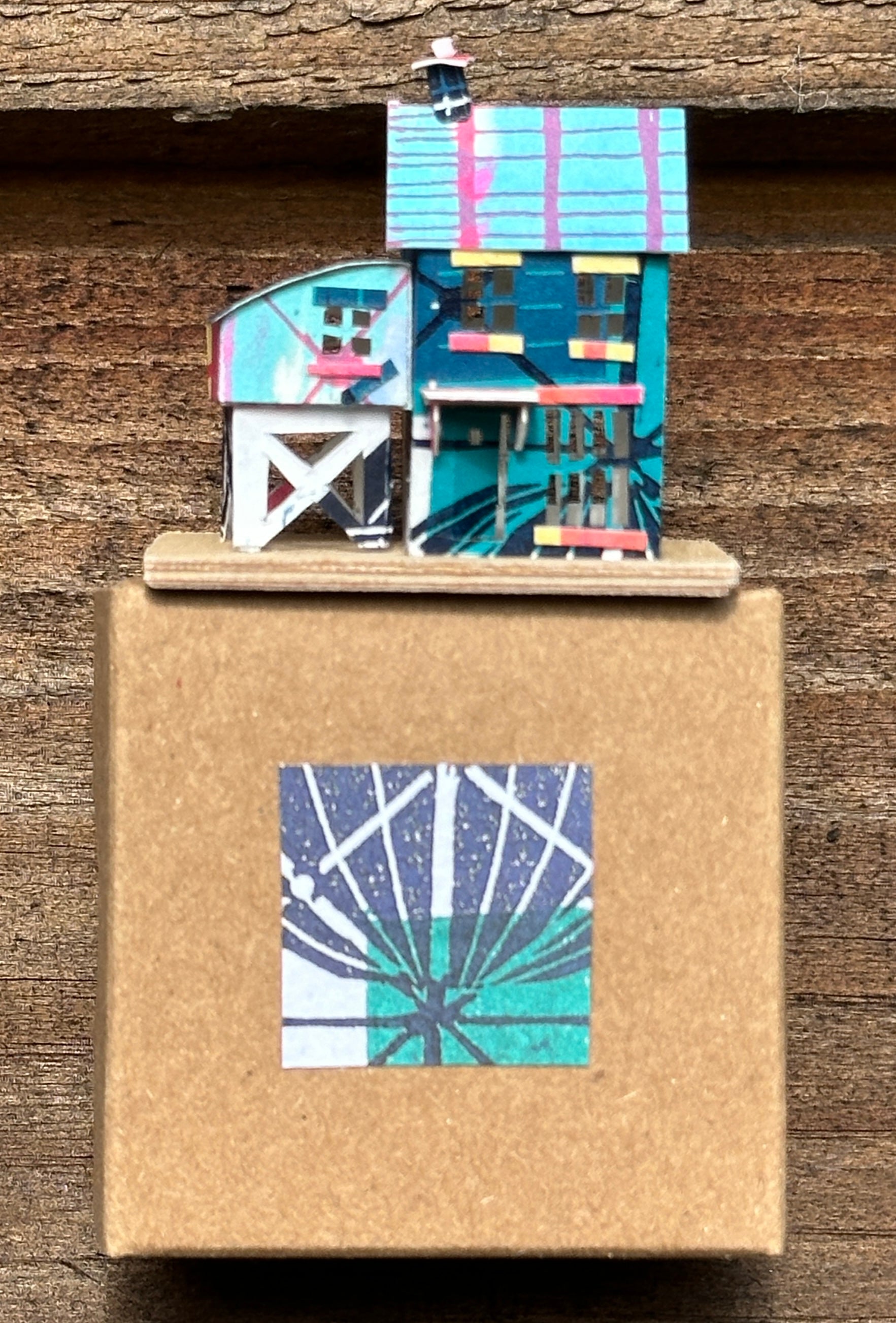 olourful blue and pink house with curved roof extension on presentation box