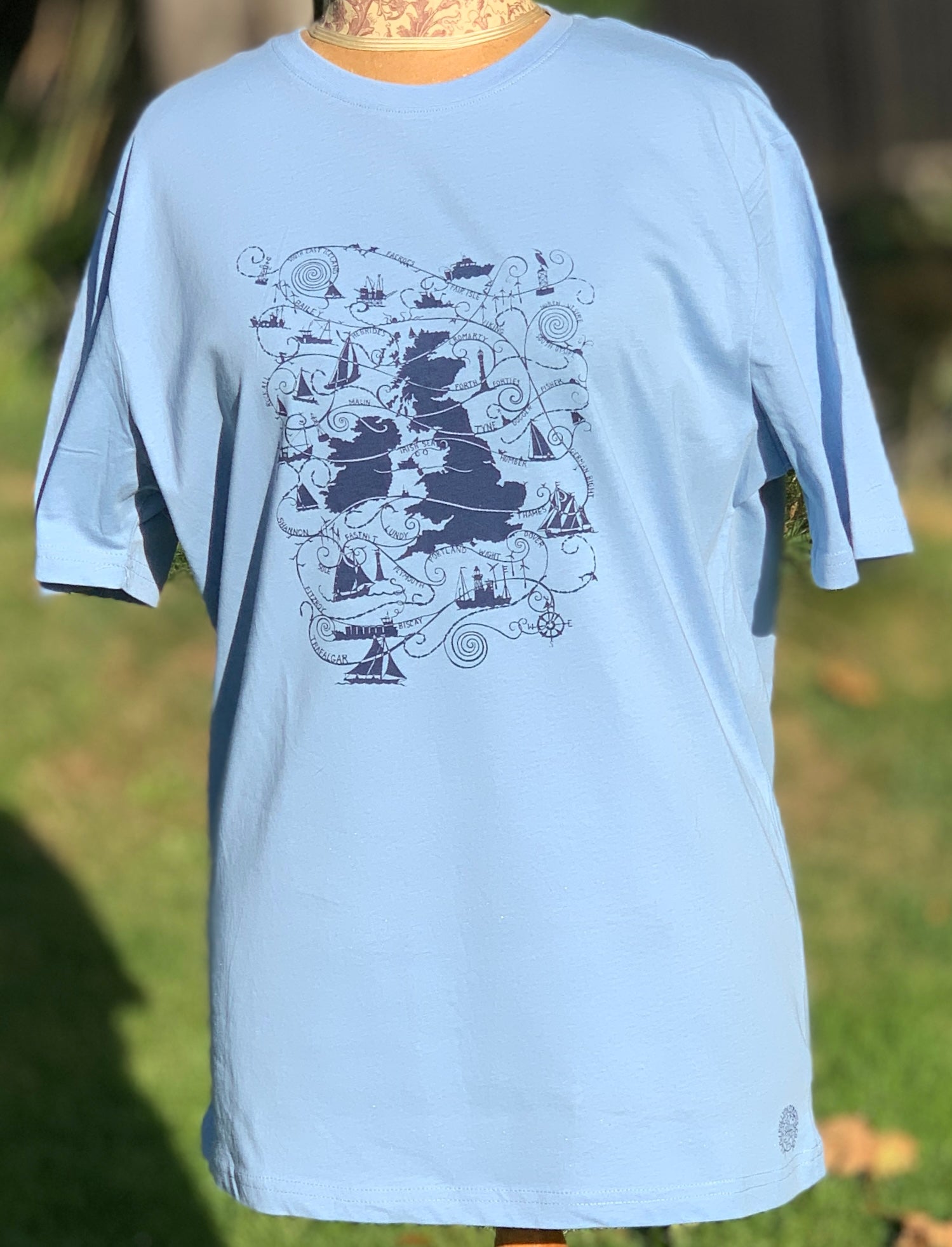 Pale blue T-shirt with turquoise blue design  UK map and shipping forecast names